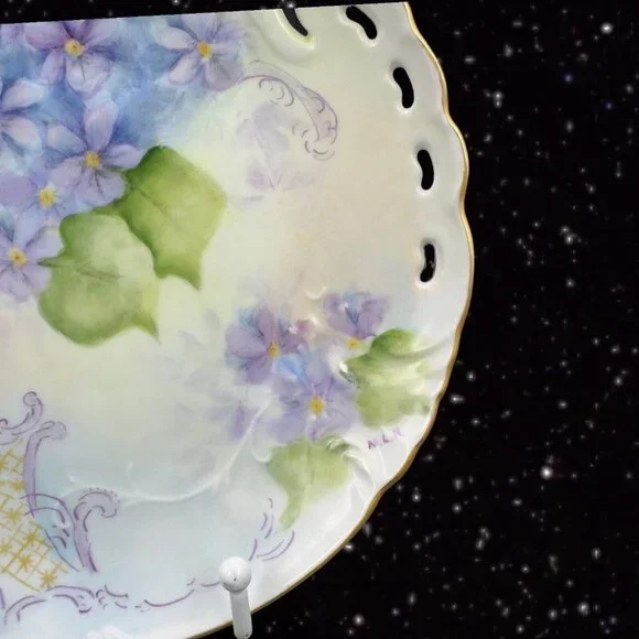Antique Hand Painted Plate Dish Fine Porcelain Painted Purple Flowers Signed MLN Accents